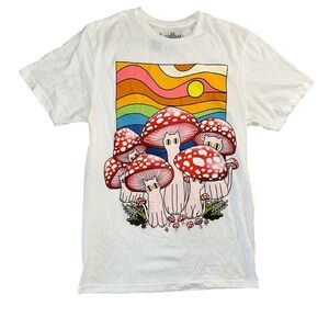 Threadless Kooky Love White T-shirt Pink Mushroom Cats Size Small Funny Rainbow